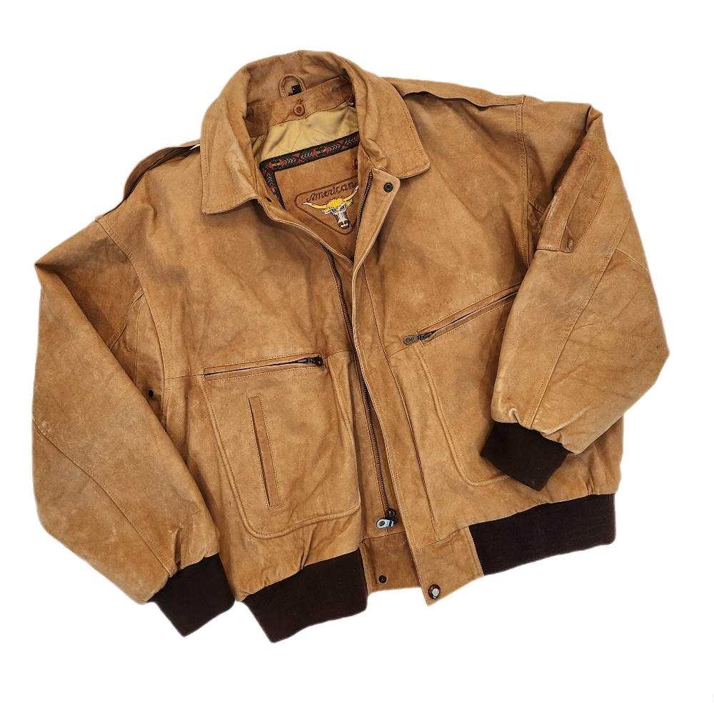 Vintage American Brand Raw Hide Leather Bomber Jacket, Tan, US Mens Large
